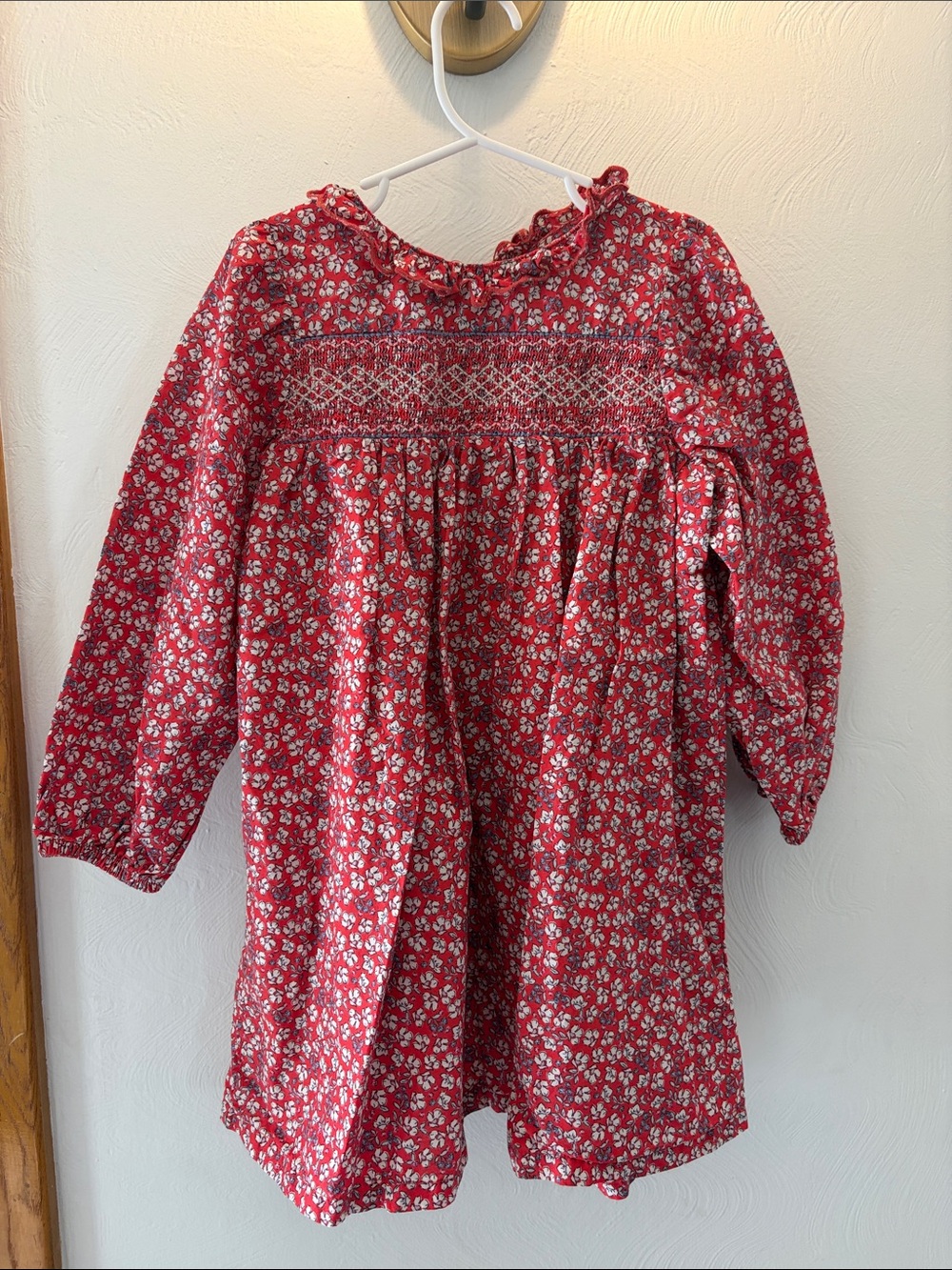 H&M Red Floral Smocked Dress with Ruffle Neck